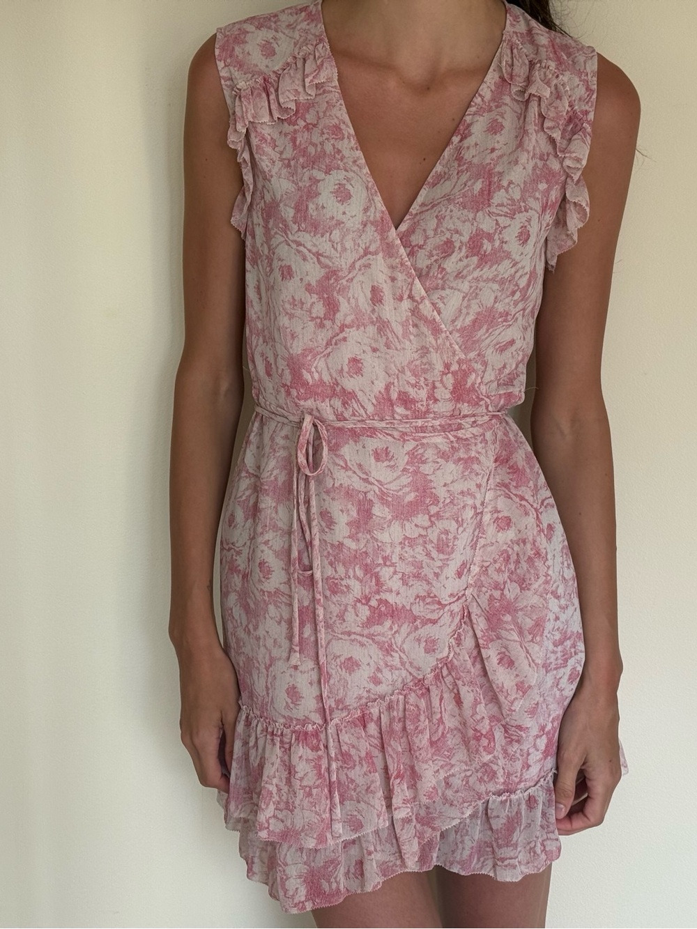 All Saints Pink Floral Wrap Ruffle Dress